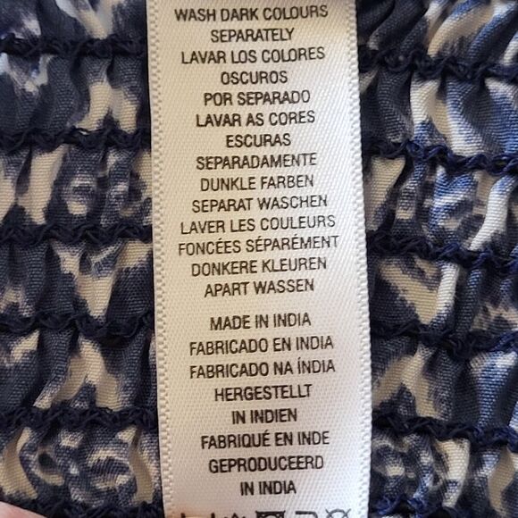 Ocean Club X-Small Blue White Geometric Romper Off Shoulder Smocked Tie Waist - Picture 13 of 14